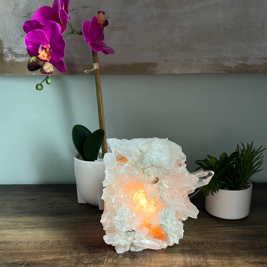Clear Quartz Cluster Lamp with bulb and cord
