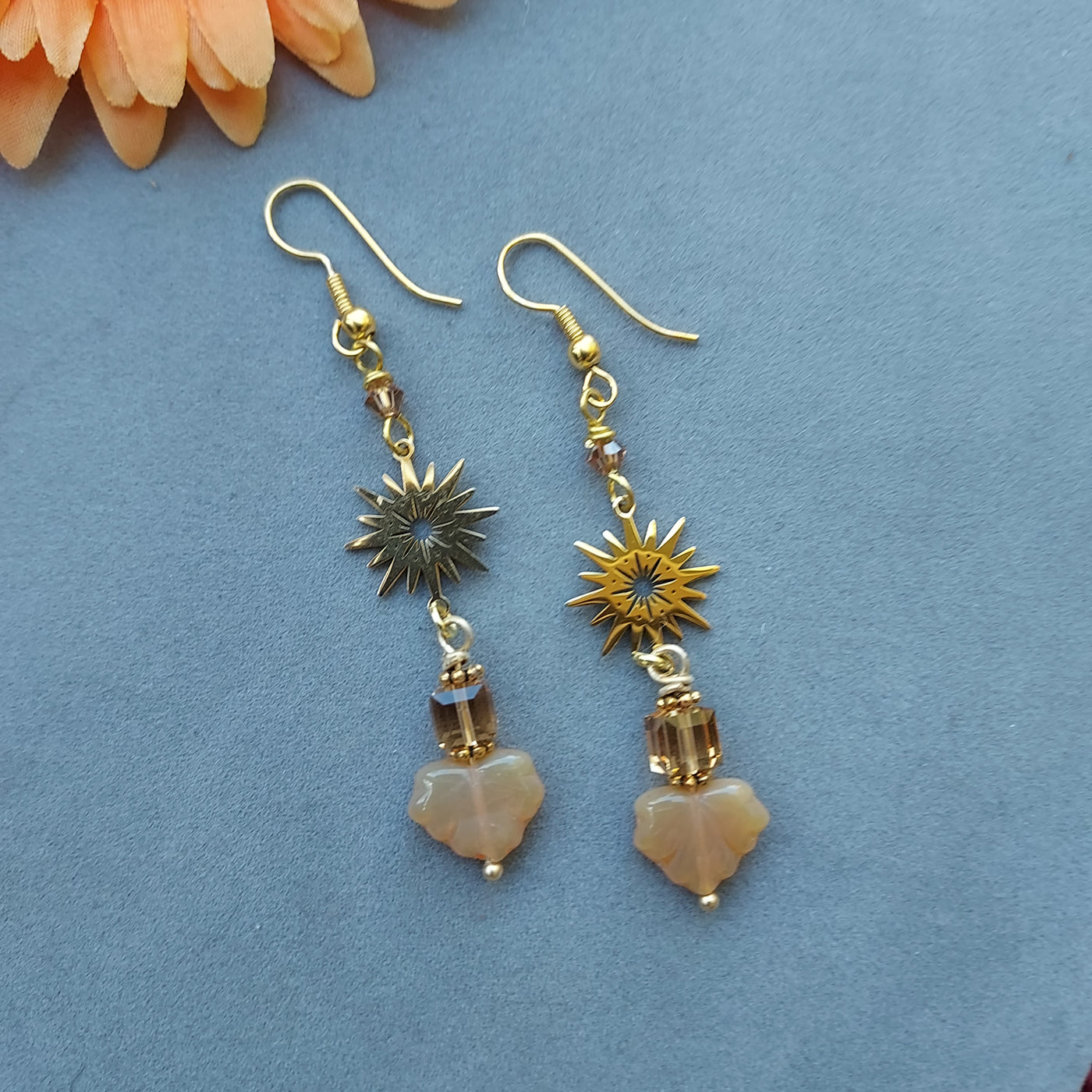 "Colors of Nature" Starburst, Crystal & Leaf Earrings - Artisan Made