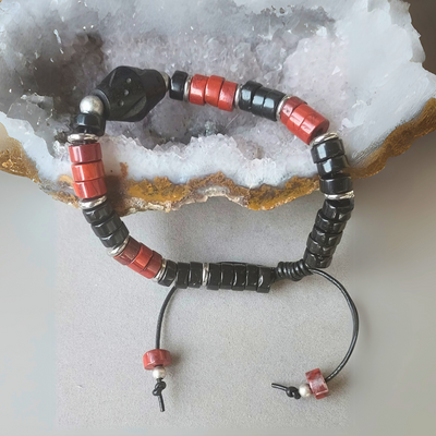 "Connect to the Earth" Unisex Red Agate & Black Onyx Adjustable Cuff - Artisan Made