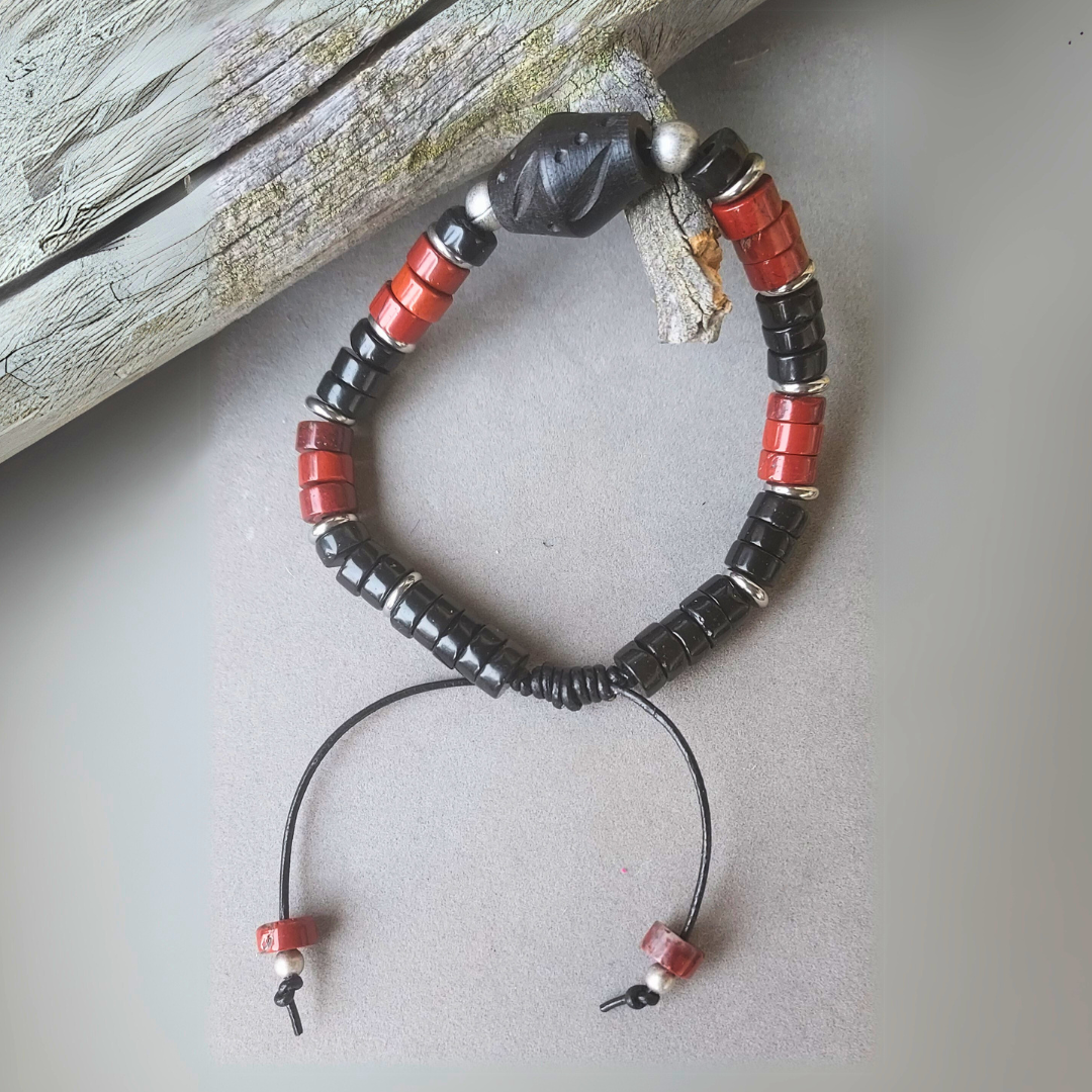 "Connect to the Earth" Unisex Red Agate & Black Onyx Adjustable Cuff - Artisan Made