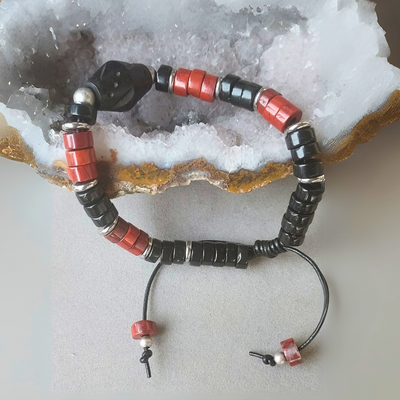 "Connect to the Earth" men Red Agate & Black Onyx Adjustable Cuff - Artisan Made