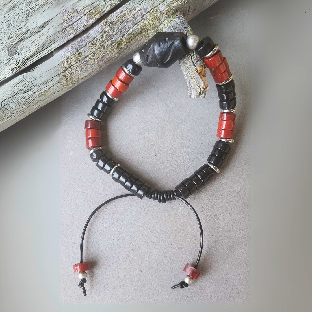 "Connect to the Earth" men Red Agate & Black Onyx Adjustable Cuff - Artisan Made