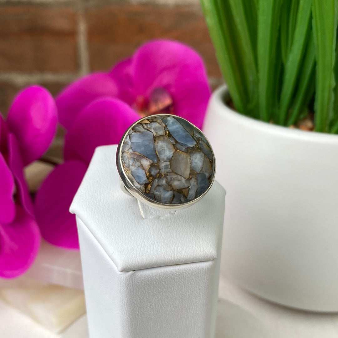 Copper Calcite Sterling Silver Ring (Sized and Adjustable)