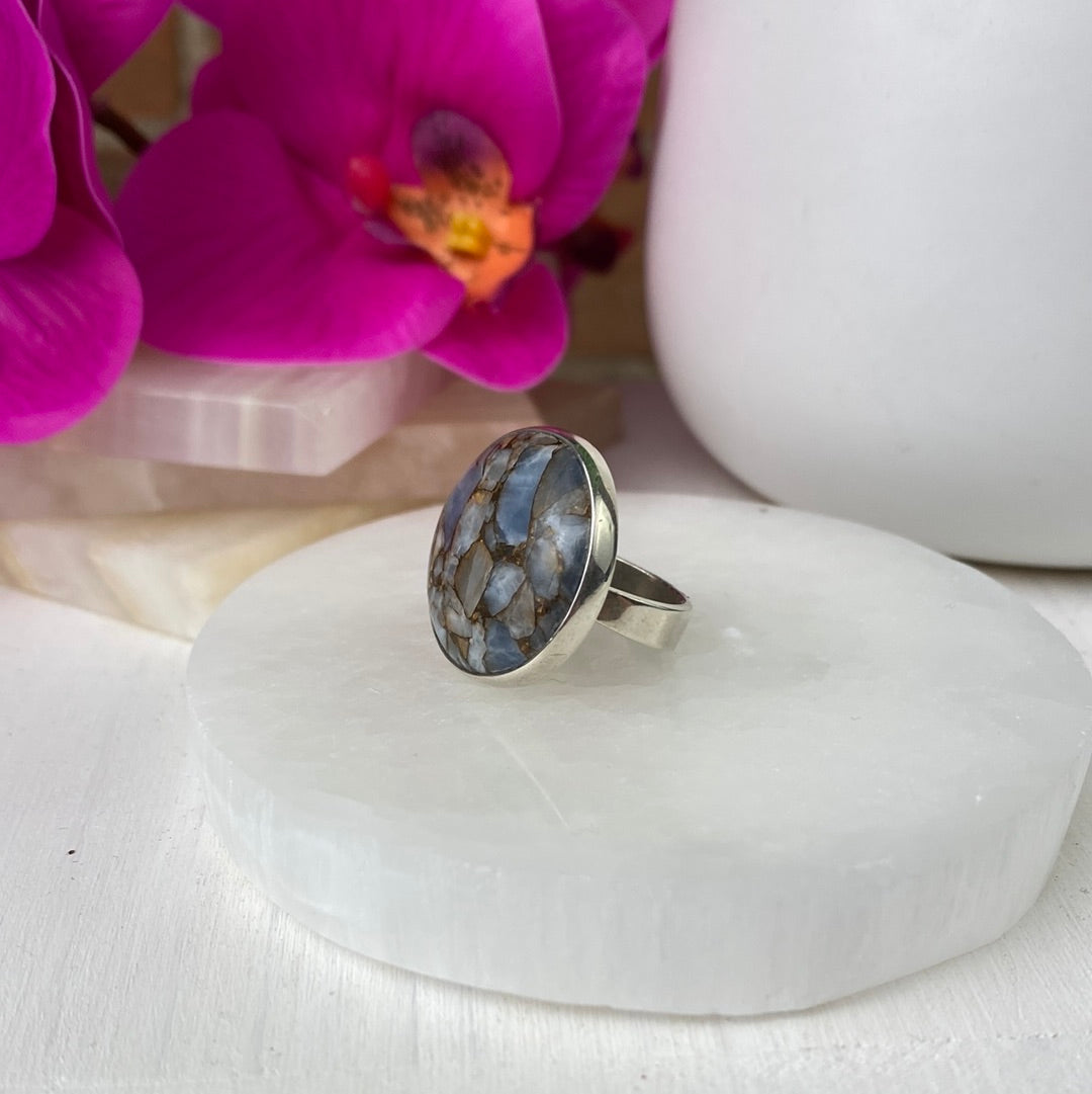 Copper Calcite Sterling Silver Ring (Sized and Adjustable)