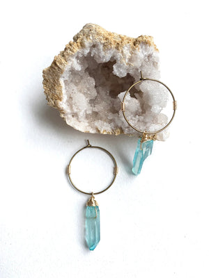 Crystal Boho Hoop Earring (Teal Titanium Quartz) - Artisan Made