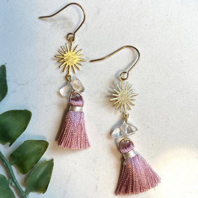 Dainty Feminine Fringe Quartz and Suns Earrings - Artisan Made