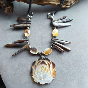 "Deep Sea Mystery" Mother of Pearl, Shell & Leather Necklace - Artisan Made