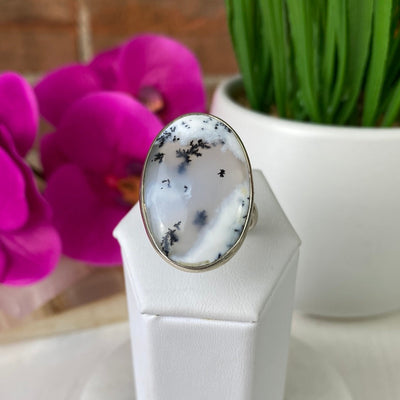 Dendritic Agate Freeform Ring with sterling silver Band 0.75-1" (Adjustable or Sized)
