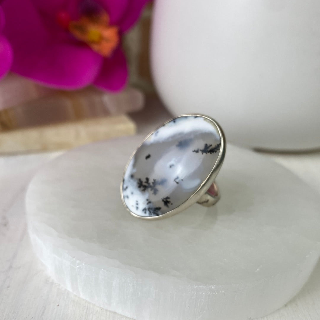 Dendritic Agate Freeform Ring with sterling silver Band 0.75-1" (Adjustable or Sized)