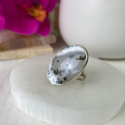 Dendritic Agate Freeform Ring with sterling silver Band 0.75-1" (Adjustable or Sized)