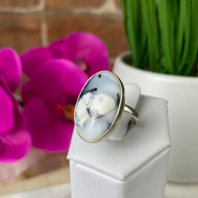 Dendritic Agate Freeform Ring with sterling silver Band 0.75-1" (Adjustable or Sized)
