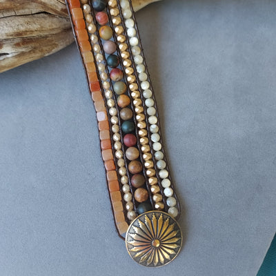"Desert Sun" Red Creek Jasper, Peach Aventurine & Mother of Pearl Cuff Bracelet- Artisan Made