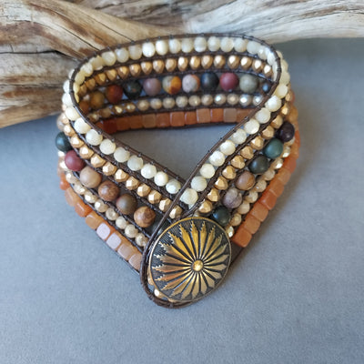 "Desert Sun" Red Creek Jasper, Peach Aventurine & Mother of Pearl Cuff Bracelet- Artisan Made
