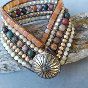 "Desert Sun" Red Creek Jasper, Peach Aventurine & Mother of Pearl Cuff Bracelet- Artisan Made