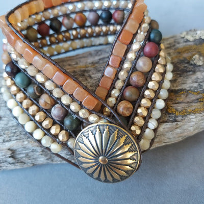 "Desert Sun" Red Creek Jasper, Peach Aventurine & Mother of Pearl Cuff Bracelet- Artisan Made
