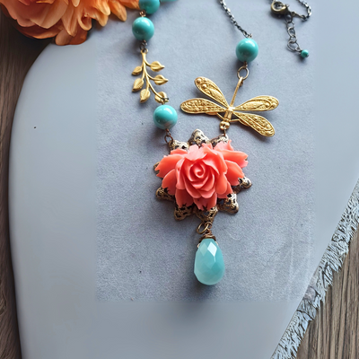 "Dragonfly Garden" Jade, Dragonfly & Flower Necklace - Artisan Made