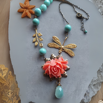 "Dragonfly Garden" Jade, Dragonfly & Flower Necklace - Artisan Made