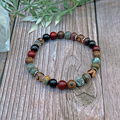 Druzy Agate, California Jasper & Red Creek Jasper Stretch Bracelet - Artisan Made