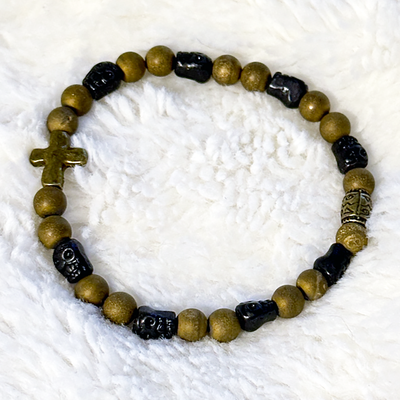 Druzy Gold Quartz, Black Skull & Hammered Metal Cross Bracelet– Artisan Made