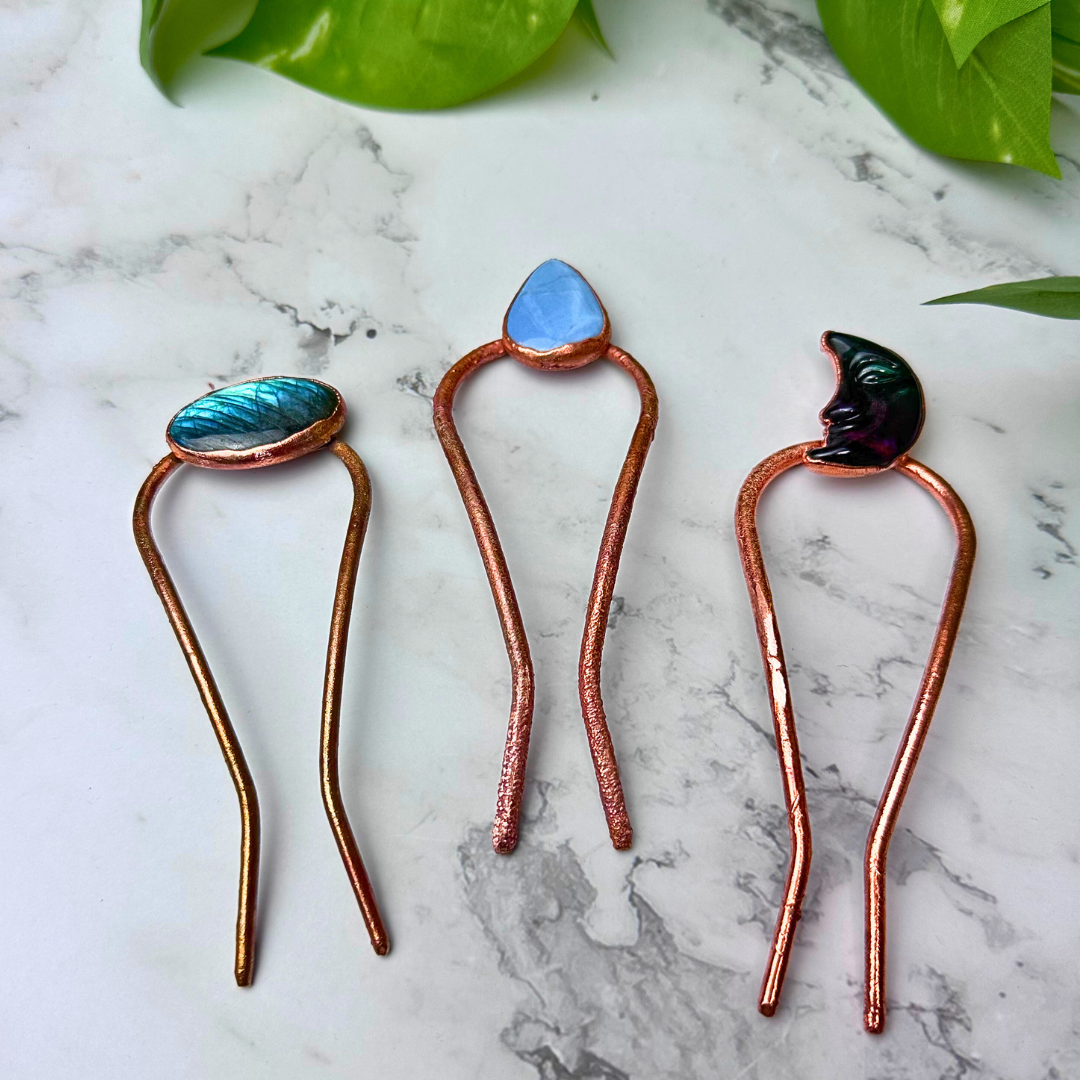 Electroformed Copper Gemstone Double Hair Pins - Artisan Made