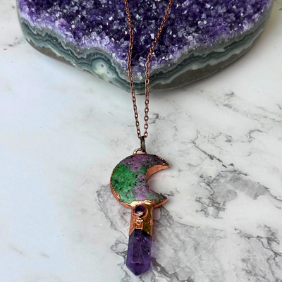 Electroformed Moon & Gemstone Point Necklace - Artisan Made