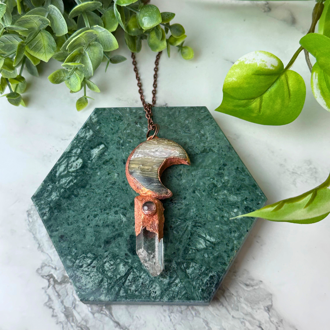 Electroformed Moon & Gemstone Point Necklace - Artisan Made