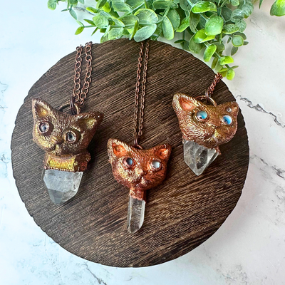 Electroformed Quartz Cat Necklace - Artisan Made