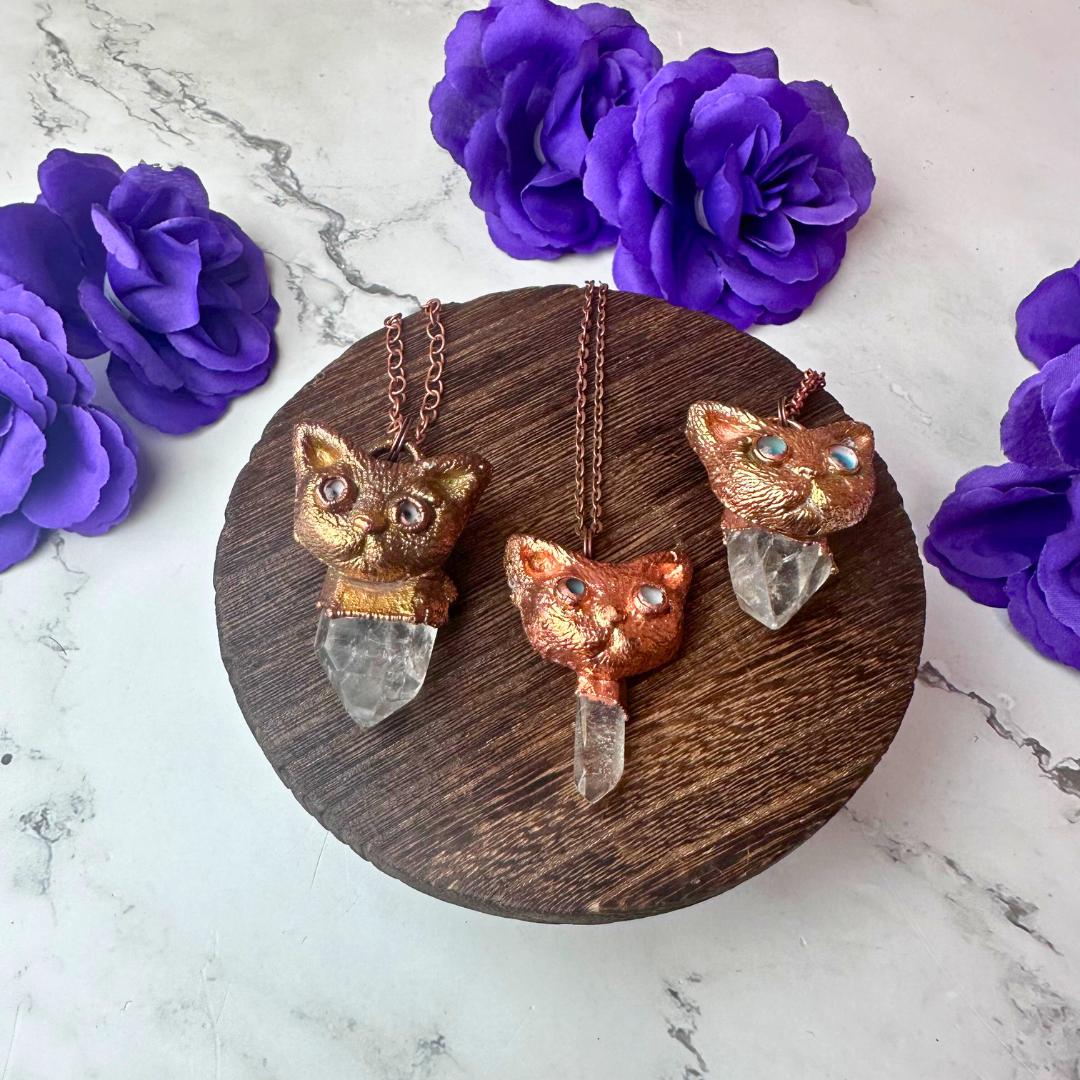 Electroformed Quartz Cat Necklace - Artisan Made