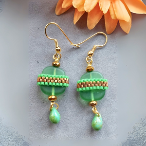 "Emerald Path" Sea Glass & Beaded Earrings - Artisan Made