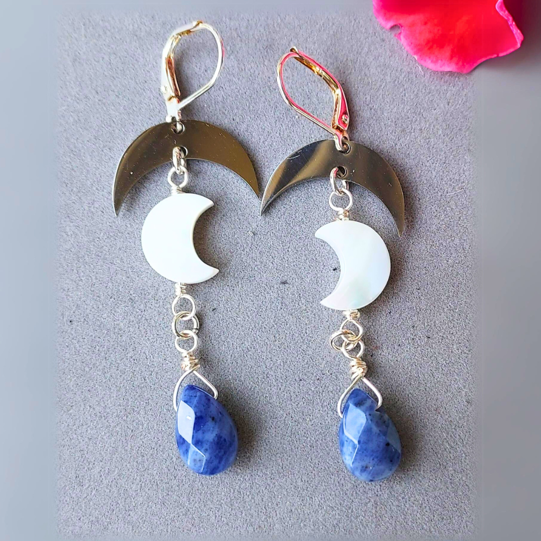 "Enhance Your Spirituality & Insight" Lapis Lazuli & Mother of Pearl Crescent Earrings - Artisan Made