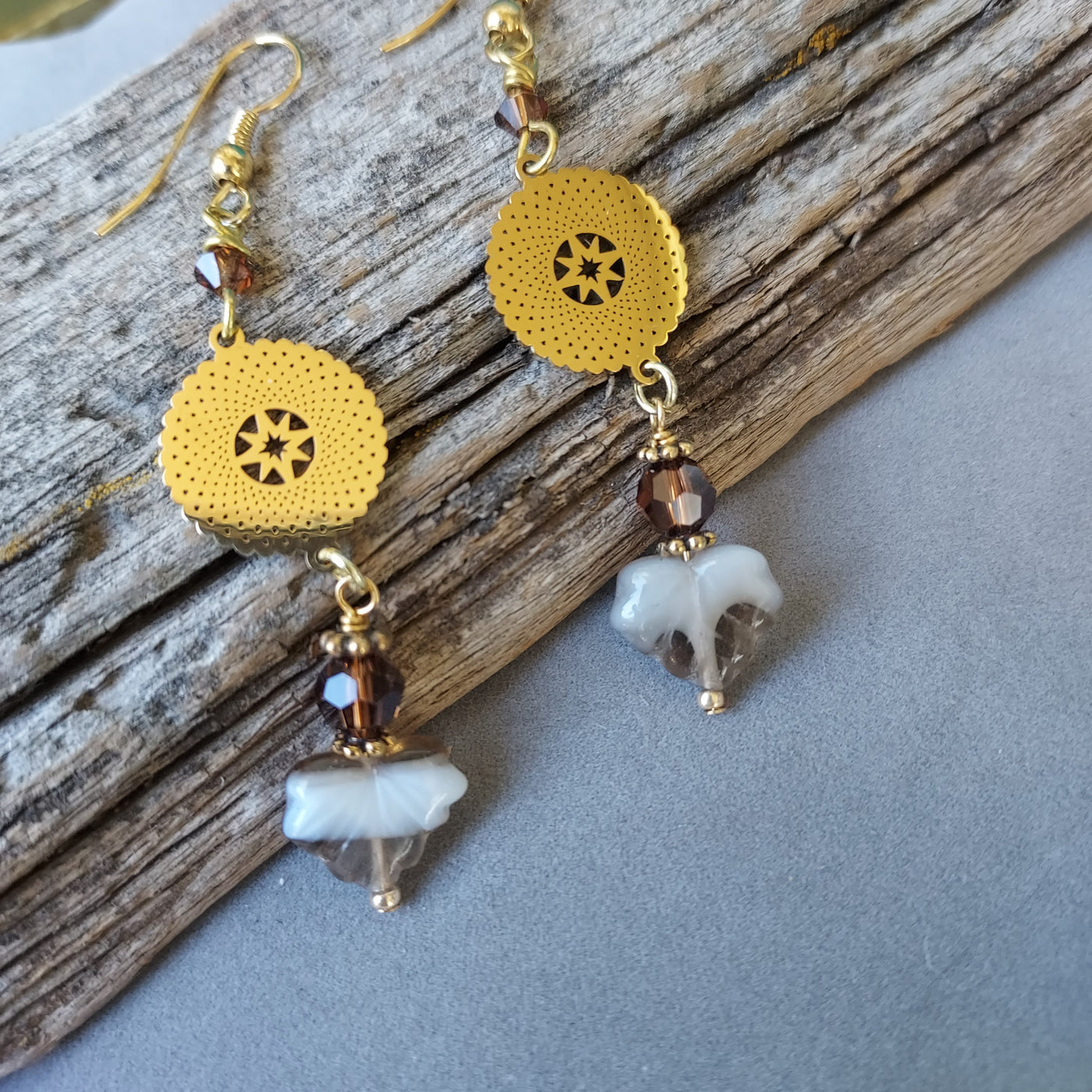 "Espresso" Sunburst, Topaz & Leaf Earrings - Artisan Made