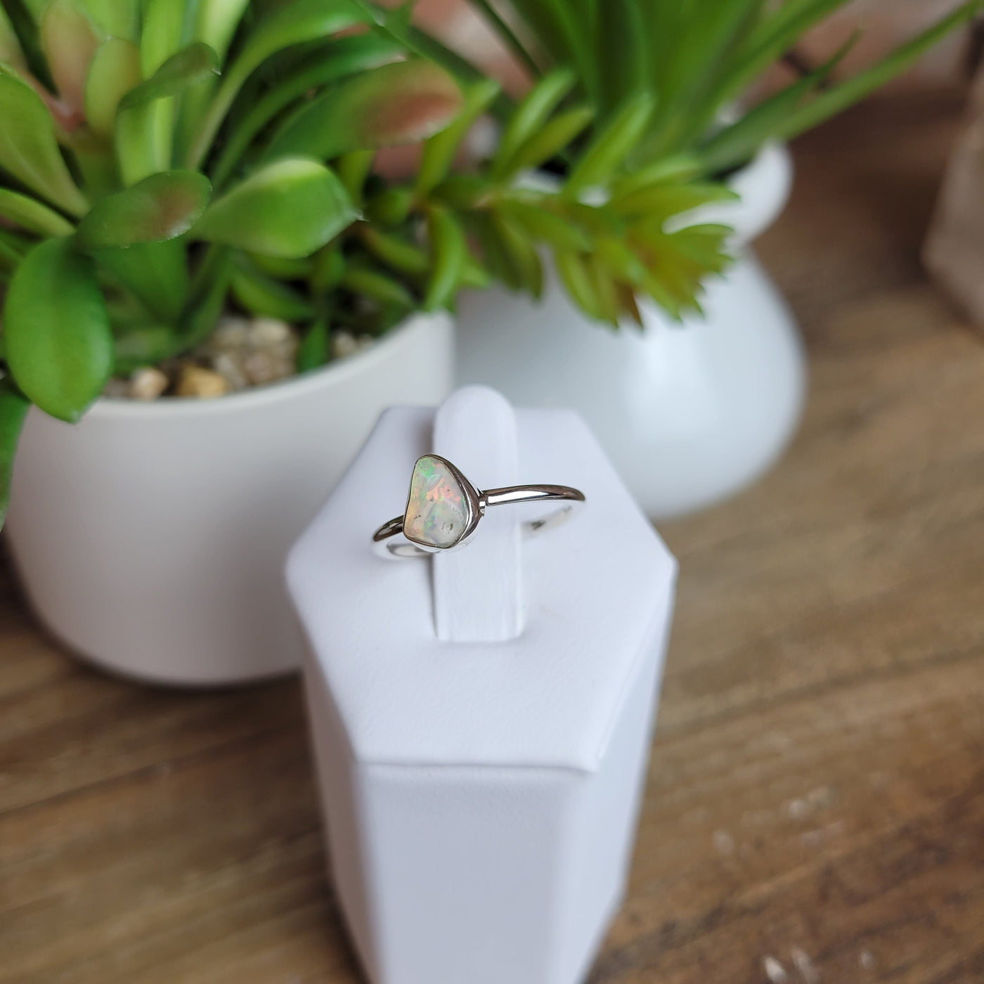 Ethiopian Opal Bezel Freeform Ring with sterling silver Sized Band (Stone: 0.25")