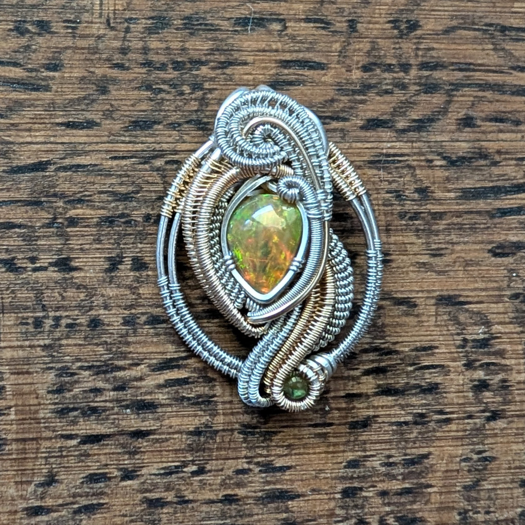 Ethiopian Opal Wire Wrapped Pendant 1.5" - Artisan Made