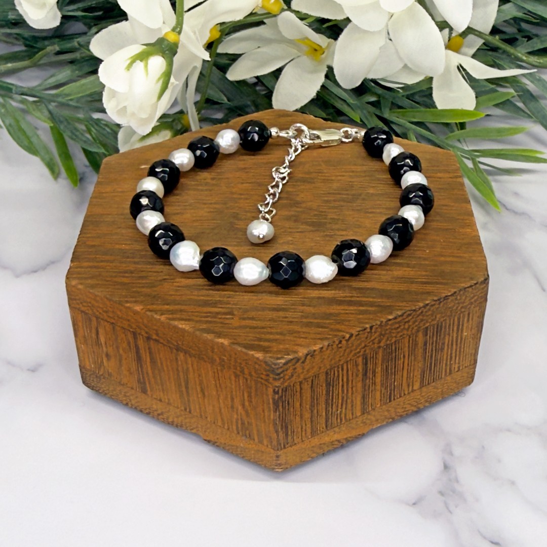 Faceted Black Onyx and Freshwater Pearl Clasp Bracelet - Artisan Made