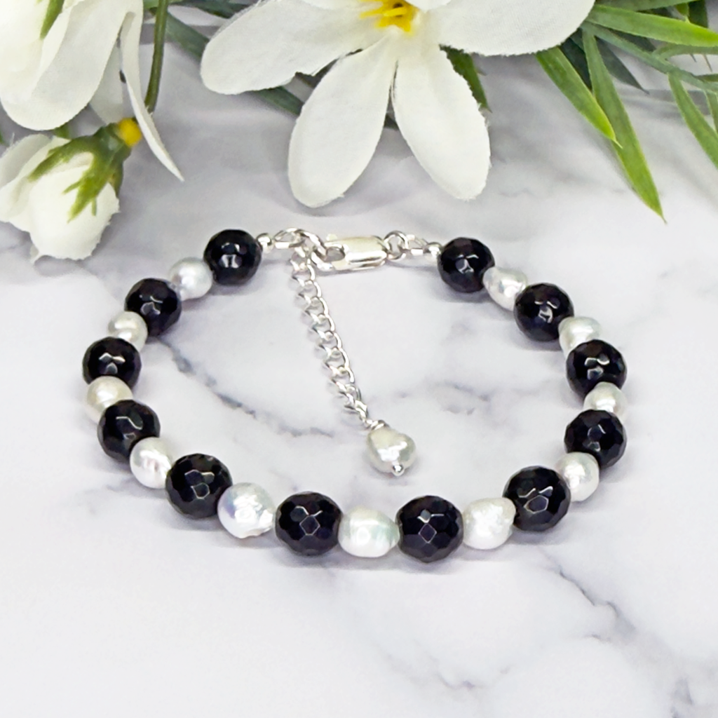 Faceted Black Onyx and Freshwater Pearl Clasp Bracelet - Artisan Made