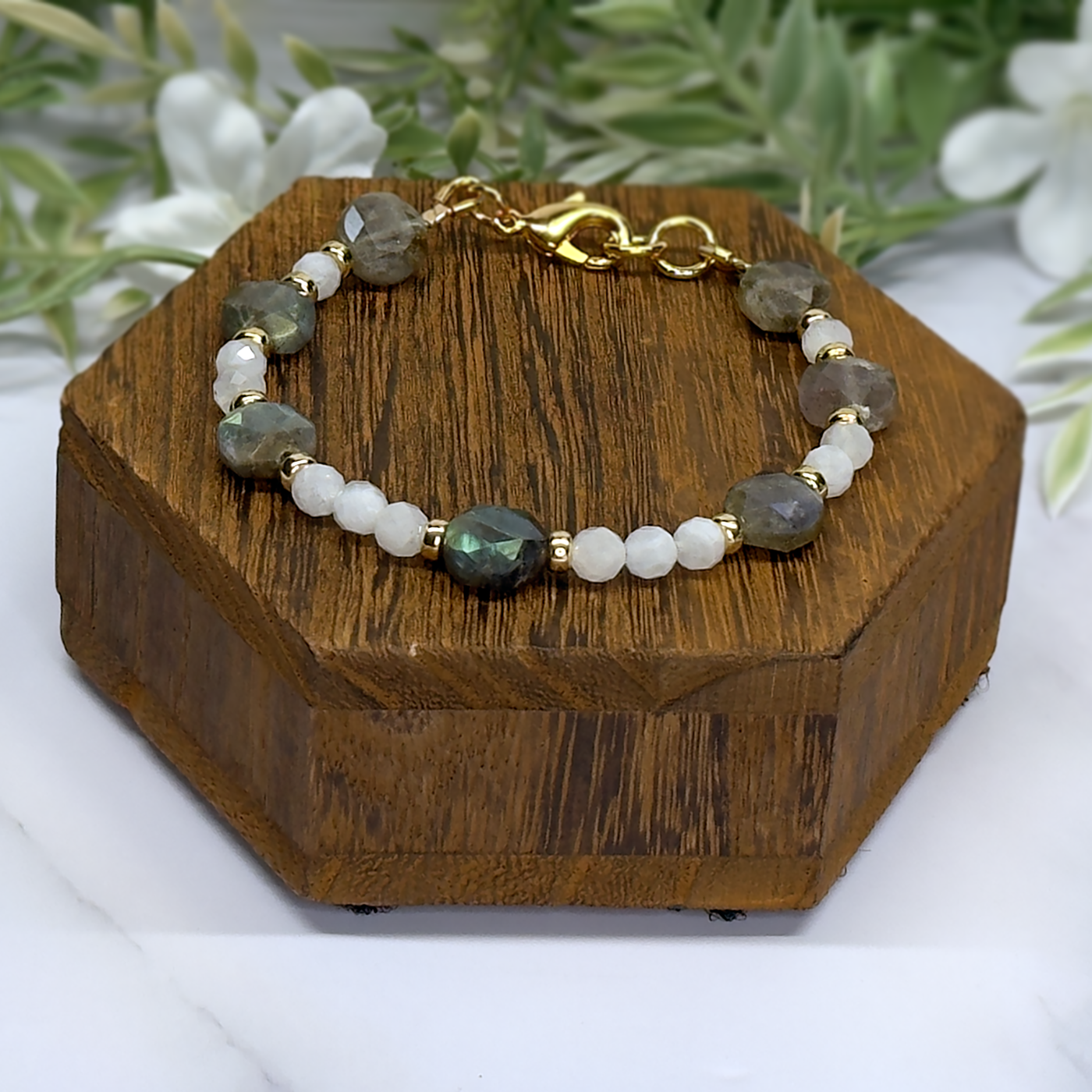 Faceted Labradorite Coin & Faceted Moonstone Bracelet- Artisan Made