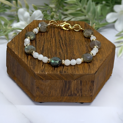 Faceted Labradorite Coin & Faceted Moonstone Bracelet- Artisan Made