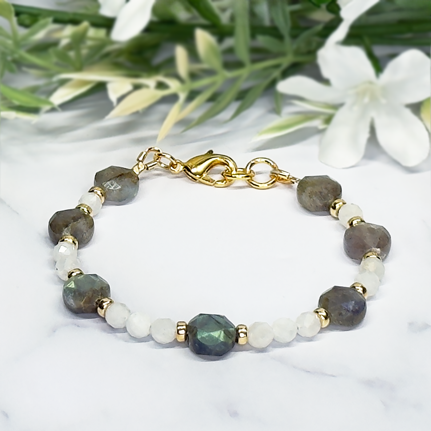 Faceted Labradorite Coin & Faceted Moonstone Bracelet- Artisan Made