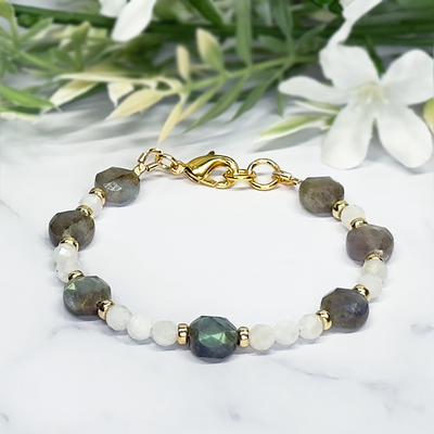 Faceted Labradorite Coin & Faceted Moonstone Bracelet- Artisan Made