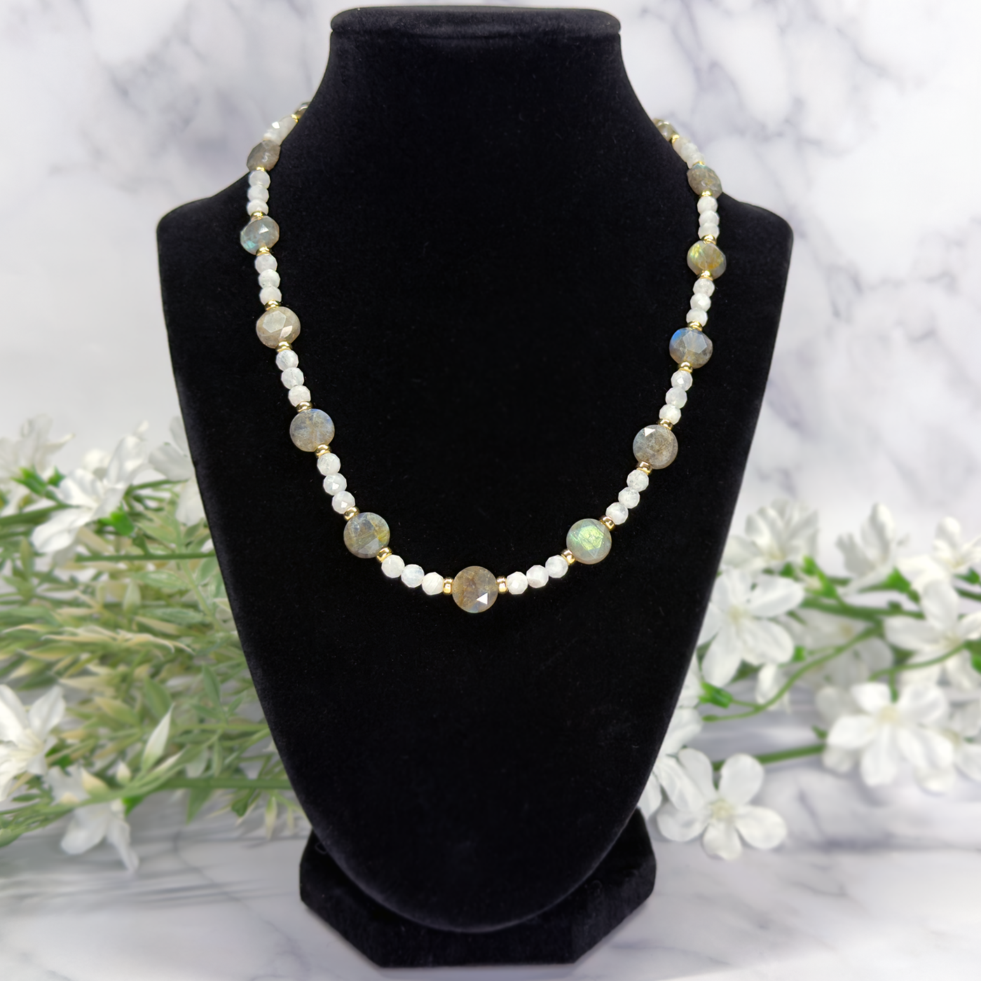 Faceted Labradorite Coin & Faceted Moonstone Necklace - Artisan Made
