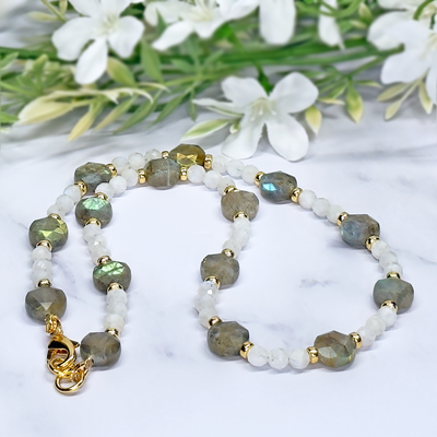 Faceted Labradorite Coin & Faceted Moonstone Necklace - Artisan Made