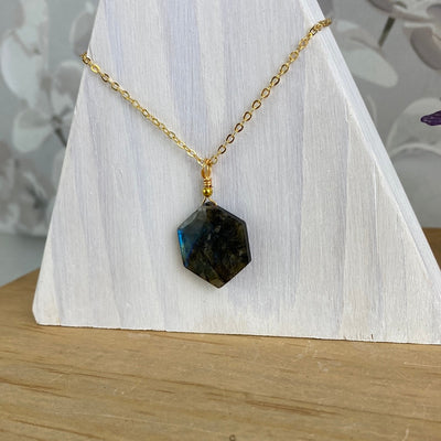 Faceted Single Hexagon Labradorite/Opalite Stone Necklace -Variant