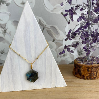 Faceted Single Hexagon Labradorite/Opalite Stone Necklace -Variant