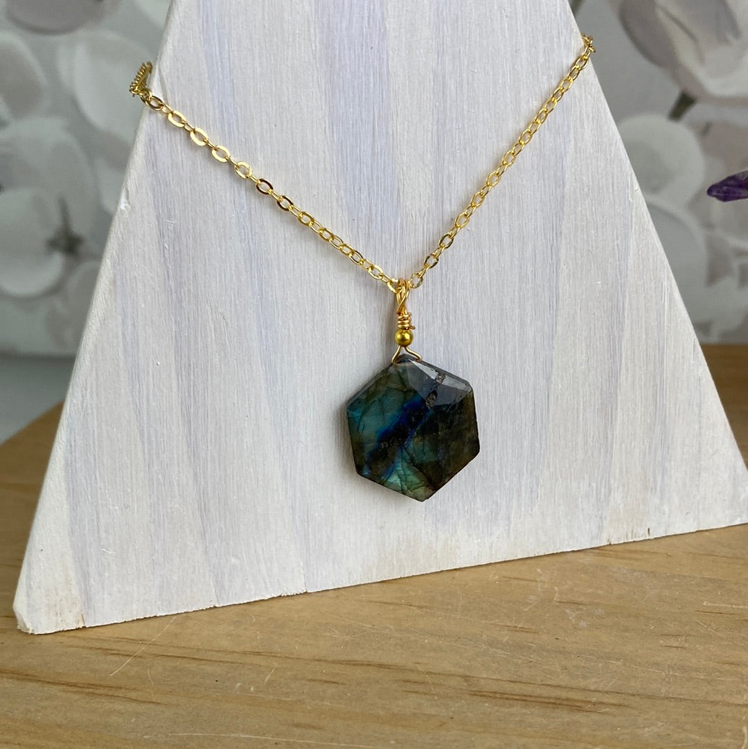 Faceted Single Hexagon Labradorite/Opalite Stone Necklace -Variant