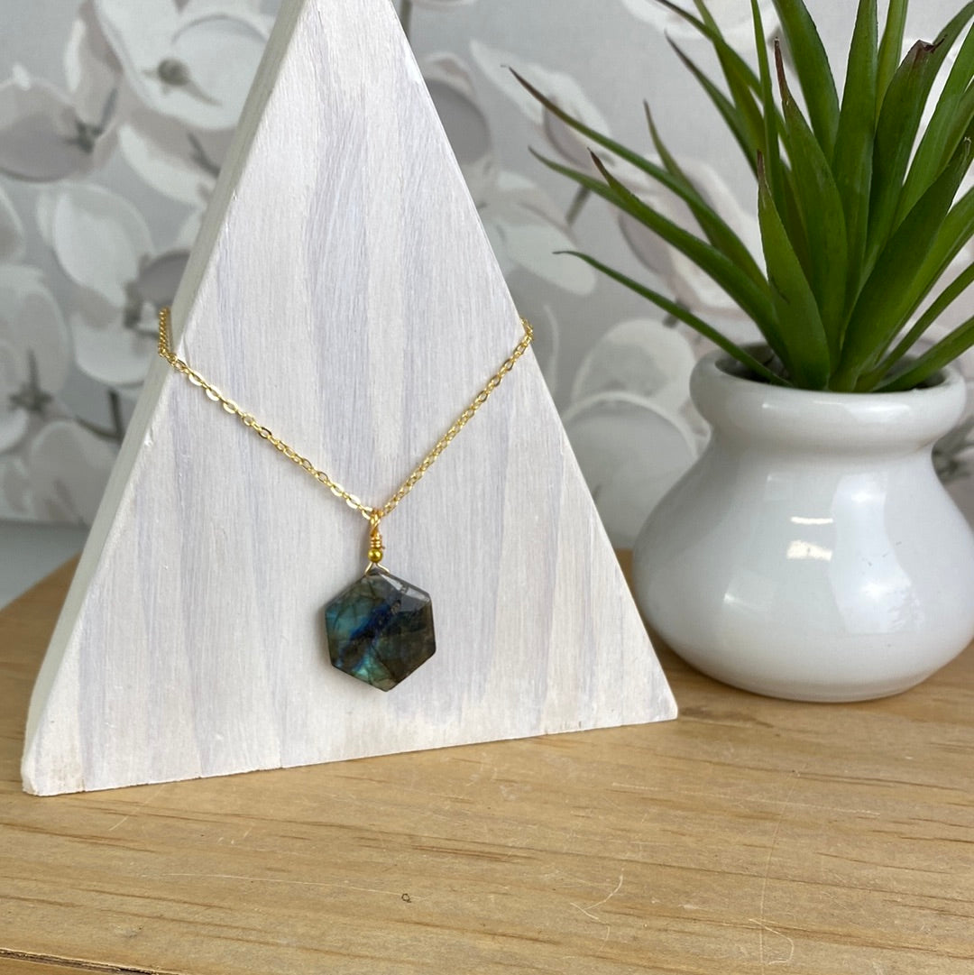 Faceted Single Hexagon Labradorite/Opalite Stone Necklace -Variant