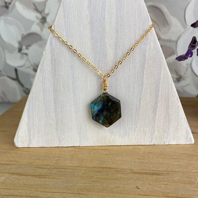 Faceted Single Hexagon Labradorite/Opalite Stone Necklace -Variant