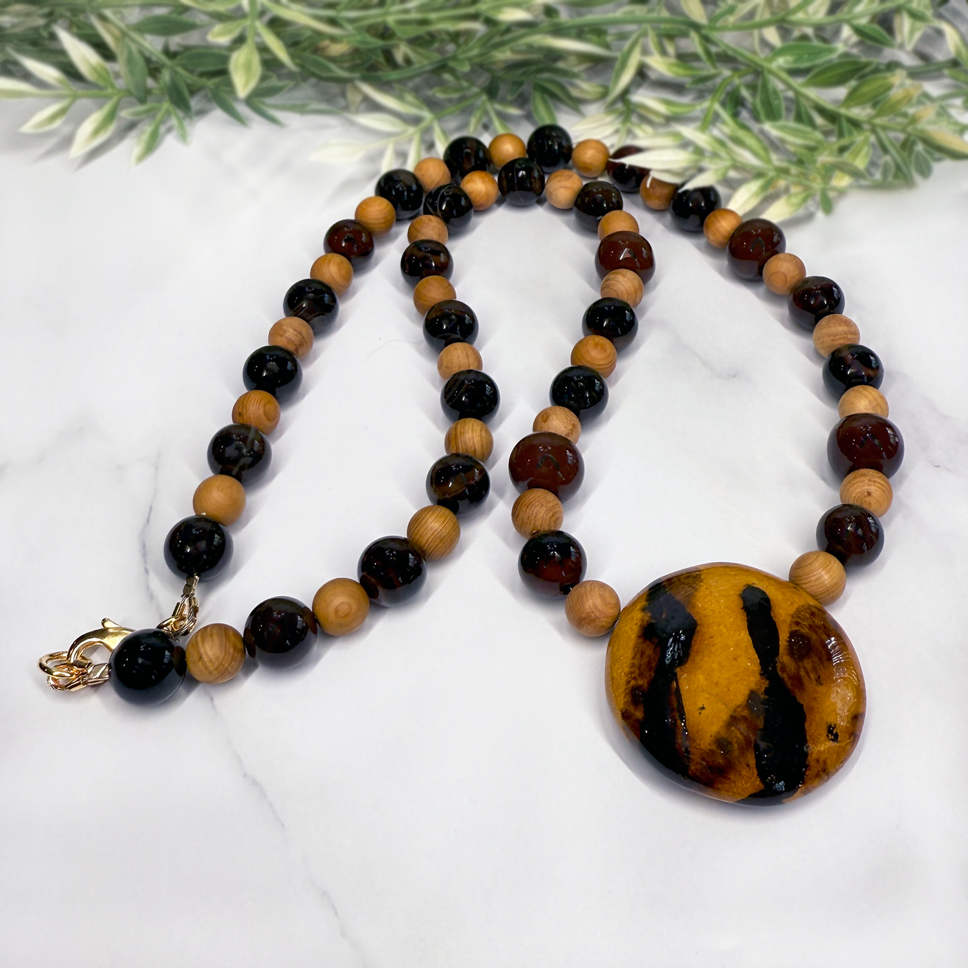 Fantasy Agate, Sandalwood and Kazuri Bead Necklace- Artisan Made