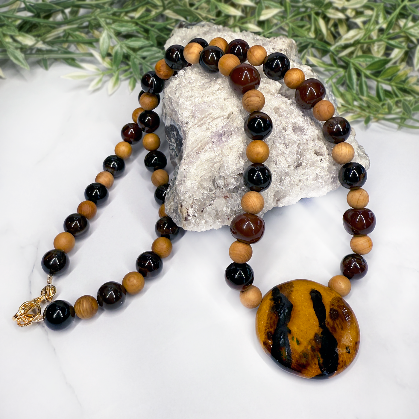 Fantasy Agate, Sandalwood and Kazuri Bead Necklace- Artisan Made