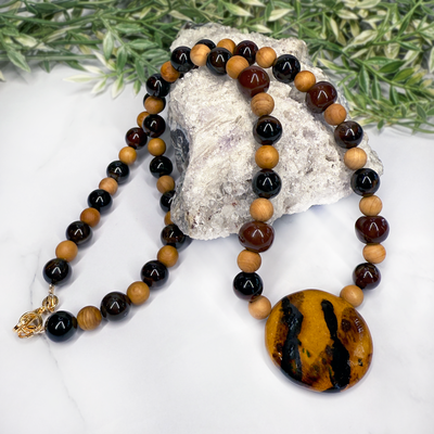 Fantasy Agate, Sandalwood and Kazuri Bead Necklace- Artisan Made