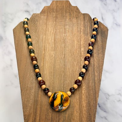 Fantasy Agate, Sandalwood and Kazuri Bead Necklace- Artisan Made